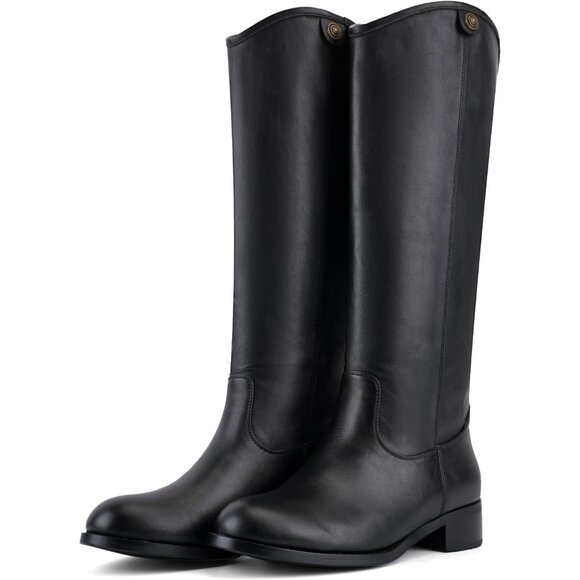 Women's Black Round Toe Chunky Heel Faux Suede Tall Knee High Boots Rubber